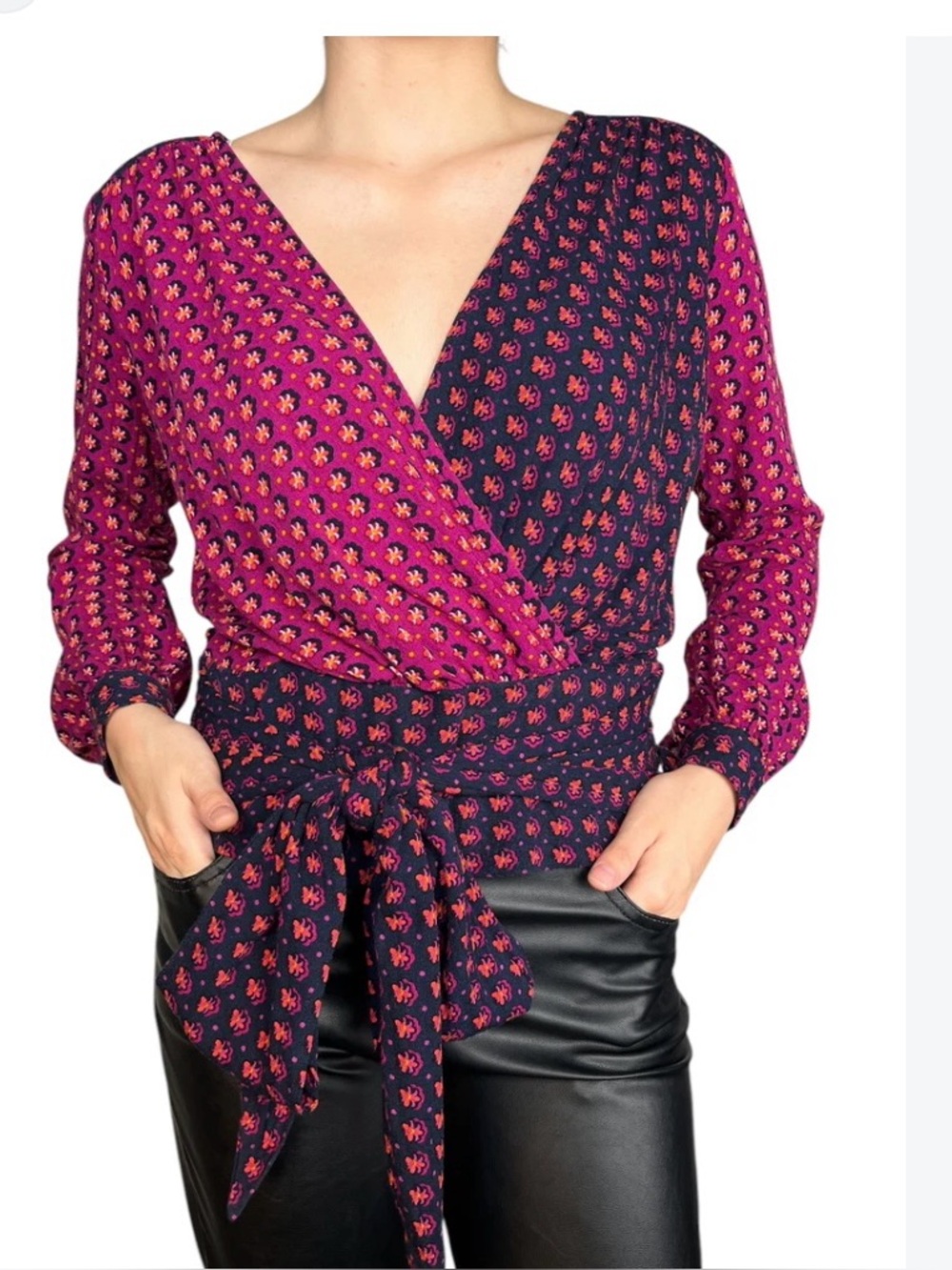 Maeve Wrap Blouse in Magenta and Navy (Anthropologie)